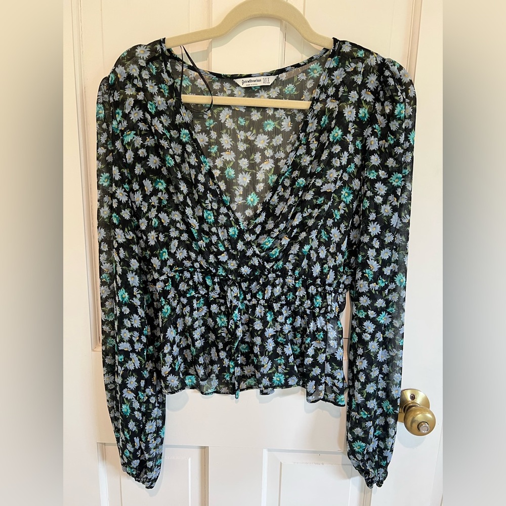Stradivarius navy blue floral long sleeve sheer top size S